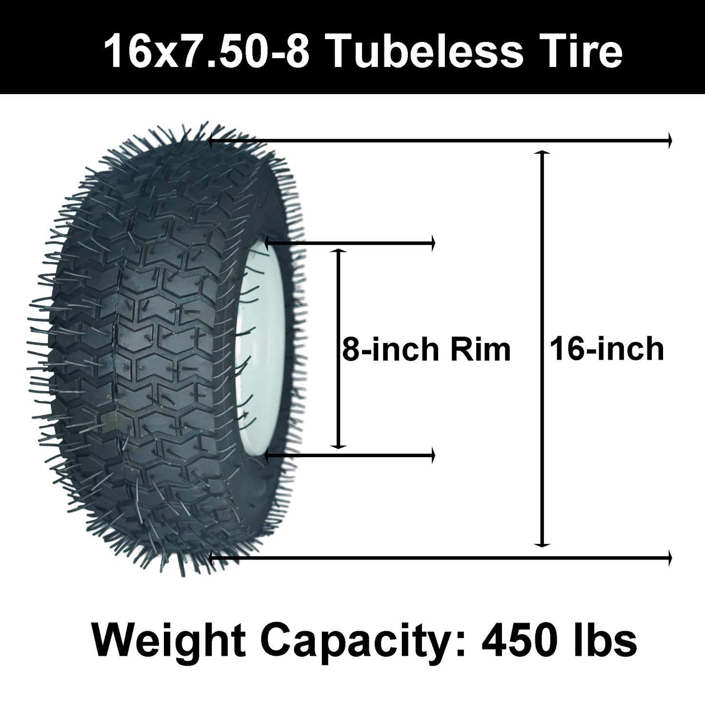 16x7.50-8 Tire and Wheel with 3/4 & 1 inch Bearings, 3” Center Hub, 440lbs, 4PR(Set of 2)