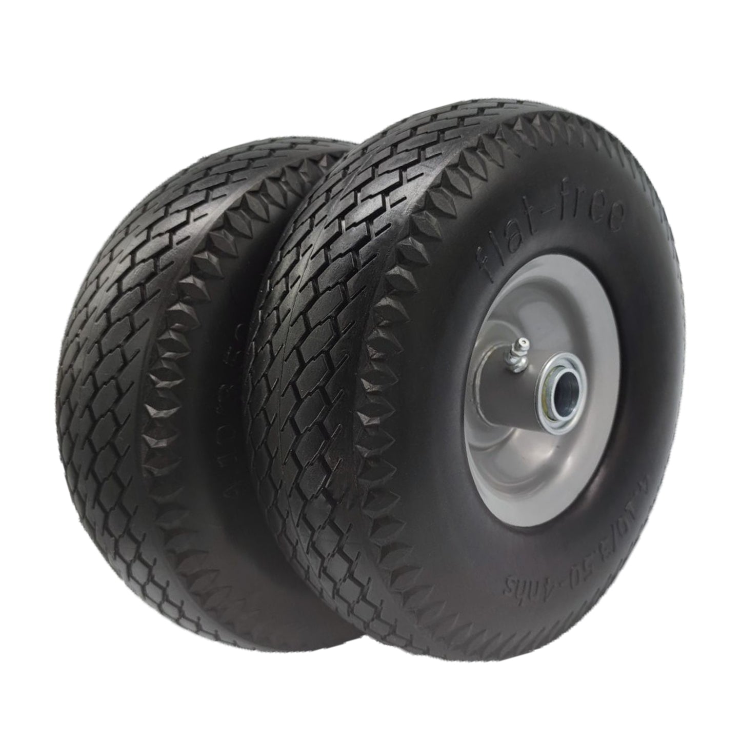 4.10/3.50 x 4 Tire Flat Free, 3/4 Axle, 3.0-3.5" Center Hub 10 inch Solid Tire (Set of 2)