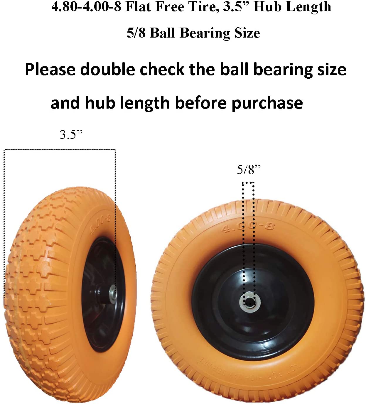 Heavy Duty Wheelbarrow Tire 16 inch, 500 lbs Weight Capacity 4.80/4.00-8, 3/4 & 5/8 Bearings, 3.5-6.0” Center Hub