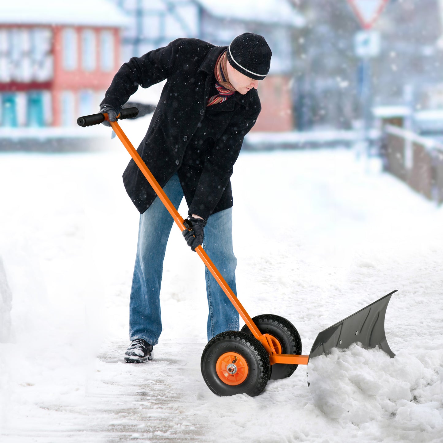 Snow Pusher Shovel with Wheels for Driveway