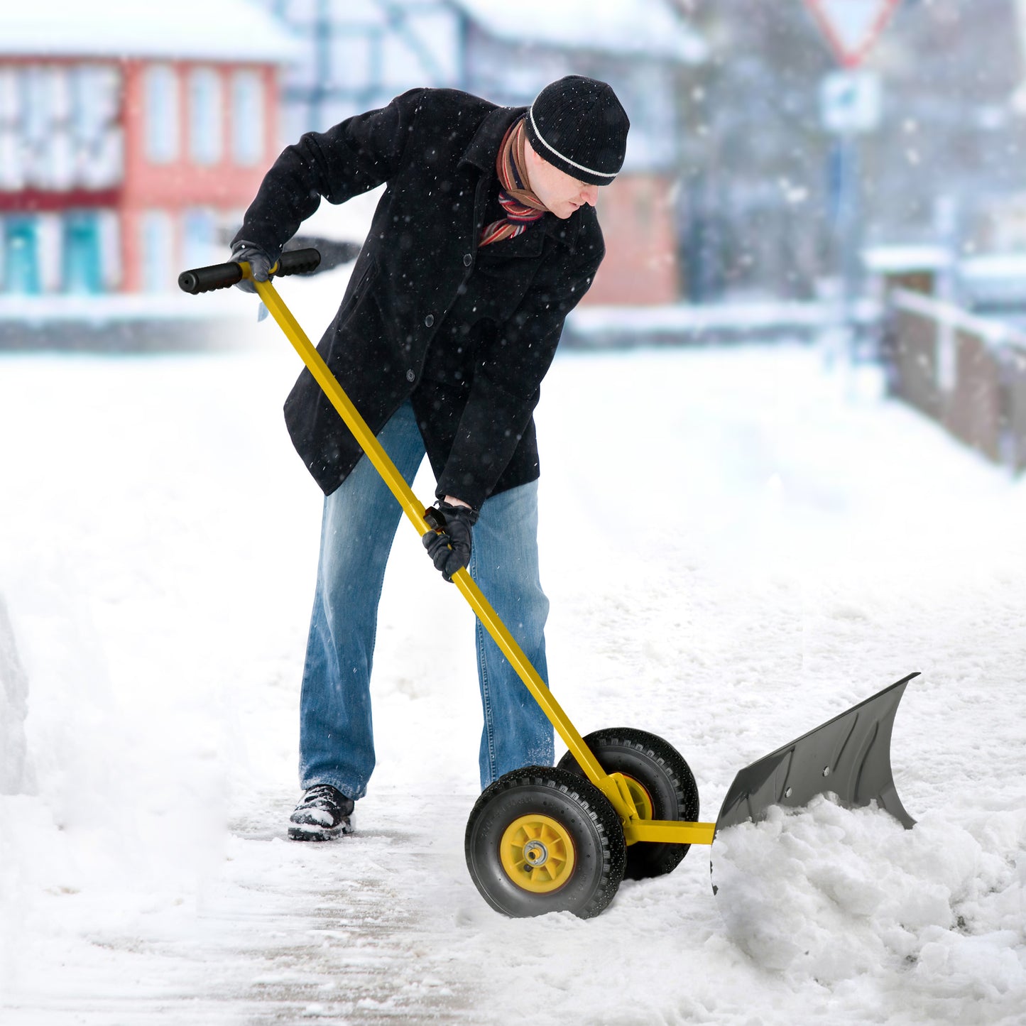 Snow Pusher Shovel with Wheels for Driveway