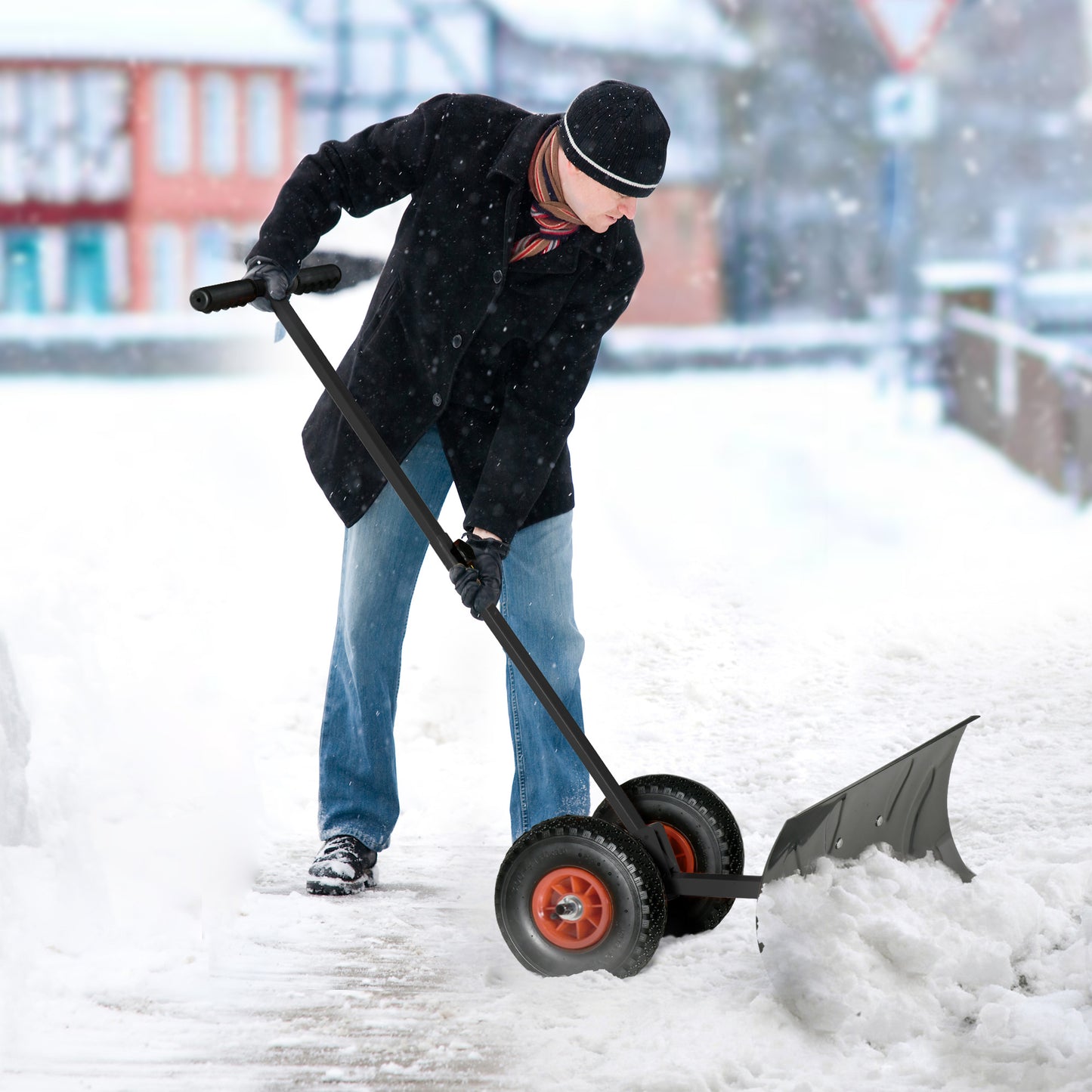 Snow Pusher Shovel with Wheels for Driveway