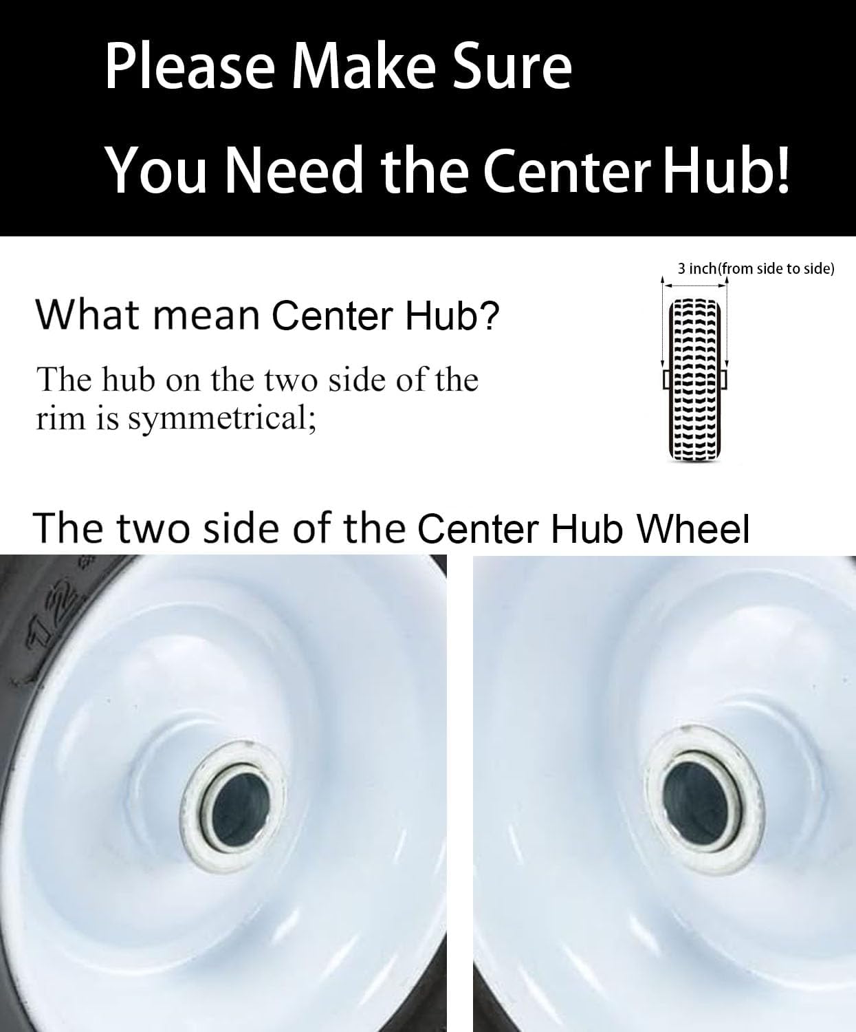 4.10/3.50 x 4 Tire Flat Free, 3/4 Axle, 3.0-3.5" Center Hub 10 inch Solid Tire (Set of 2)