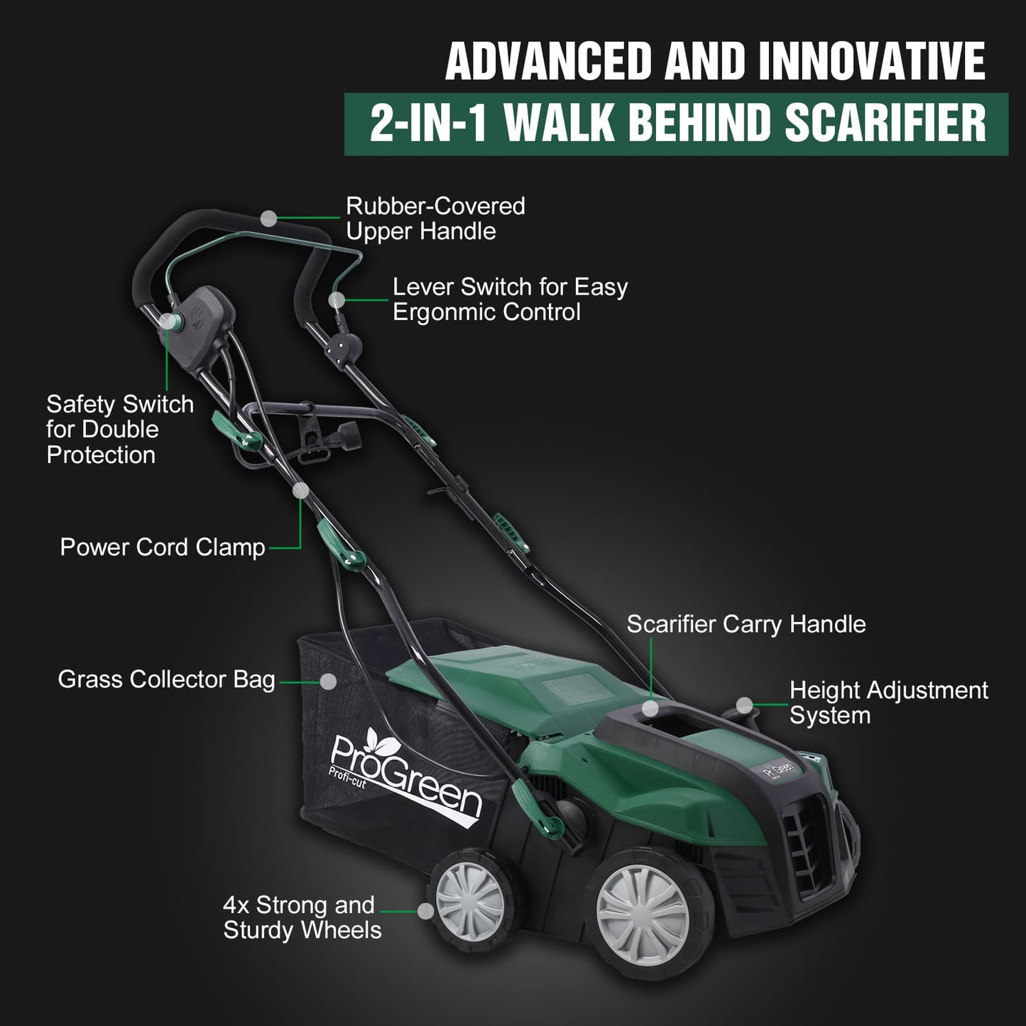 2-in-1 Electric Dethatcher and Scarifier 15 Amp with 14.5 Gallon Bag for Lawn Patio Garden