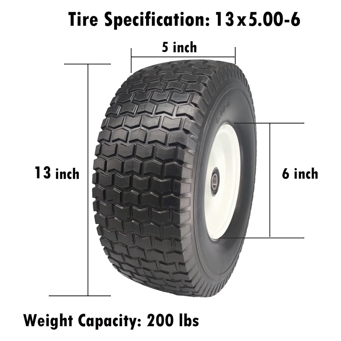 Flat Free Lawn Mower Tire 13x5.00-6, 3/4 & 5/8 Bearings, 3" Hub