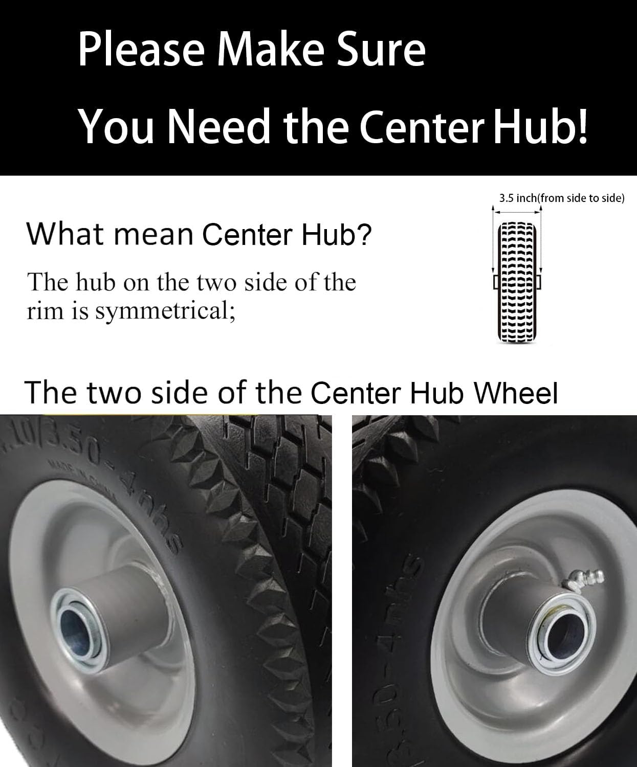 4.10/3.50 x 4 Tire Flat Free, 3/4 Axle, 3.0-3.5" Center Hub 10 inch Solid Tire (Set of 2)