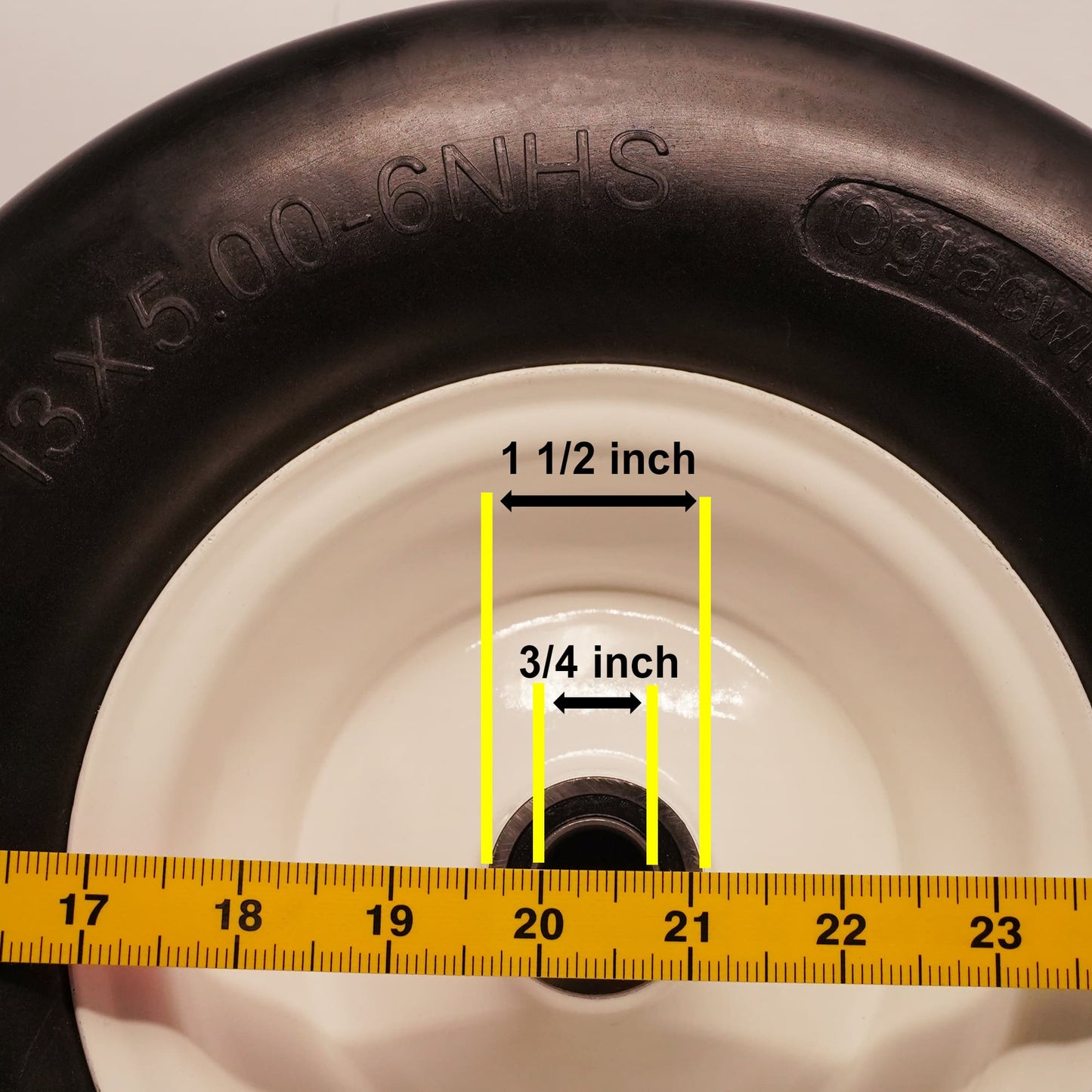 13x5 00 6 Flat Free Tire, 3/4 5/8 & 1/2 inch Bearings, 3.25” - 6” Center Hub 13x5.00-6 Tire and Rim for Lawn Mower(Set of 2)