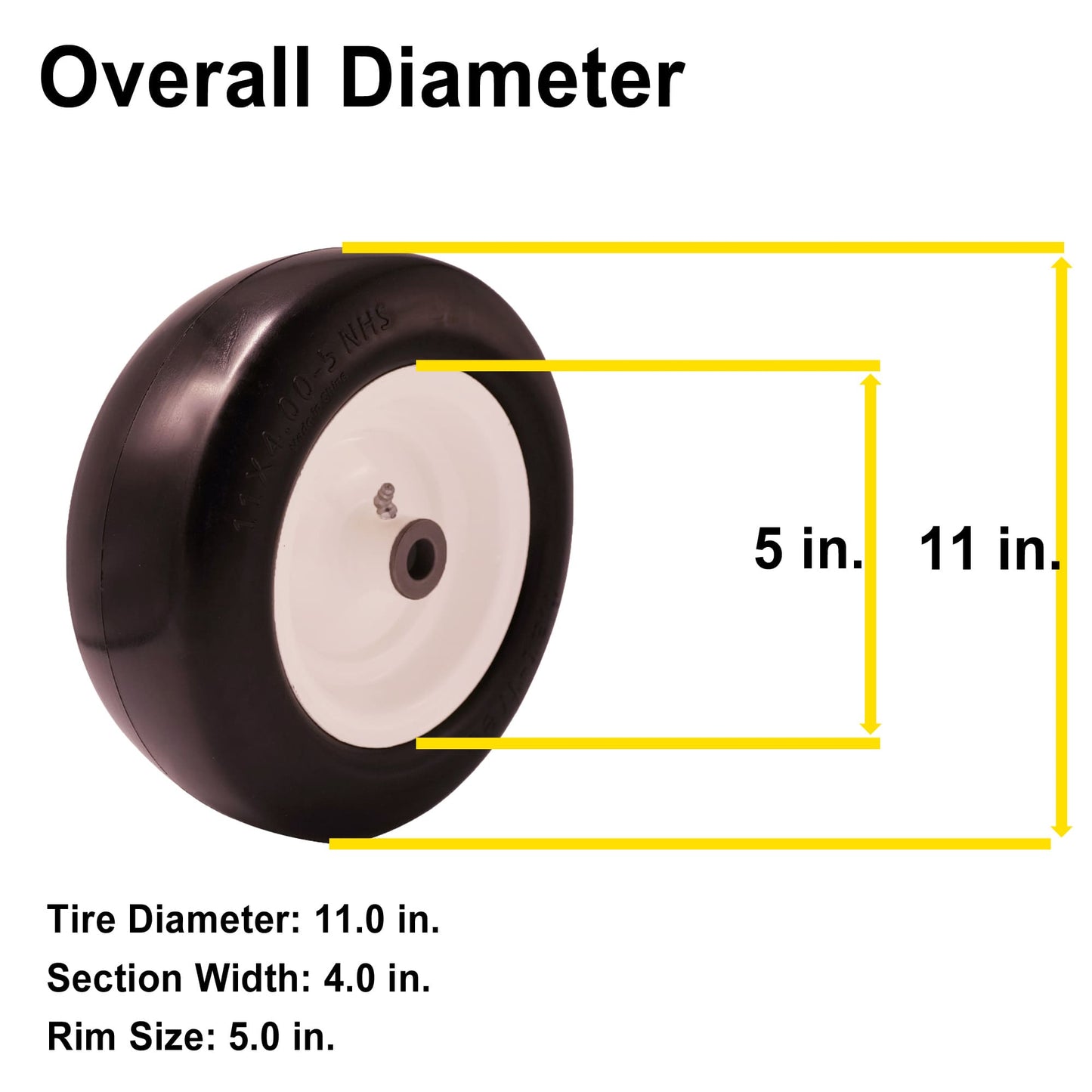 11x4.00-5 Tire Flat Free, 3/4” 1/2” & 5/8” Bearings, 3.5” - 5” Center Hub 11x4.00-5 Tire with Rim