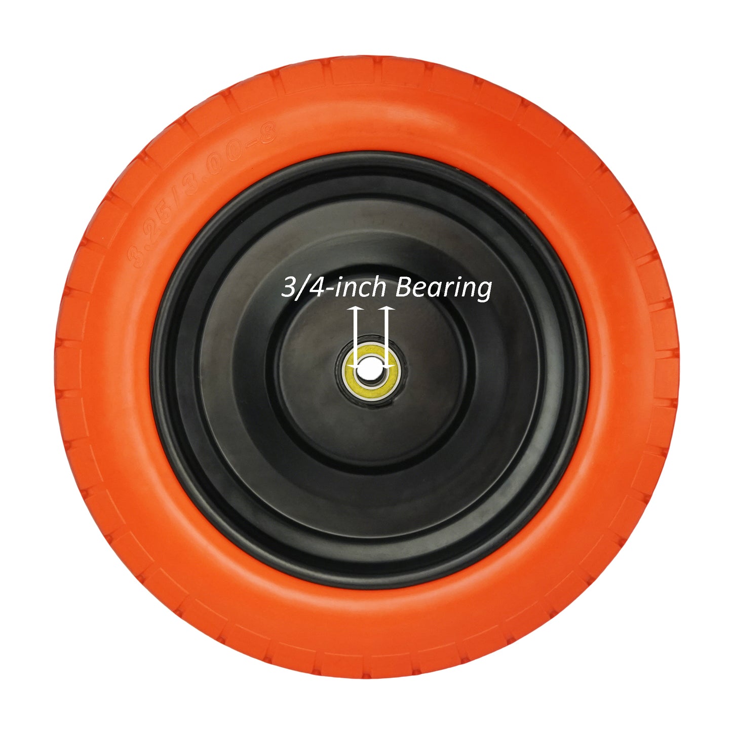 3.25/3.00-8 Wheelbarrow Tire Flat Free with 3/4 & 5/8 Bearings, 3-6" Center Hub