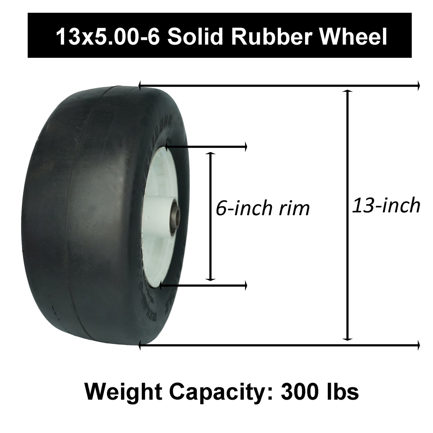 Solid Rubber 13x5.00-6 Flat Free Tire with 3/4 & 5/8 Bearings, 3-6” Center Hub Semi-Pneumatic 13x5.00-6 Smooth Tire and Wheel