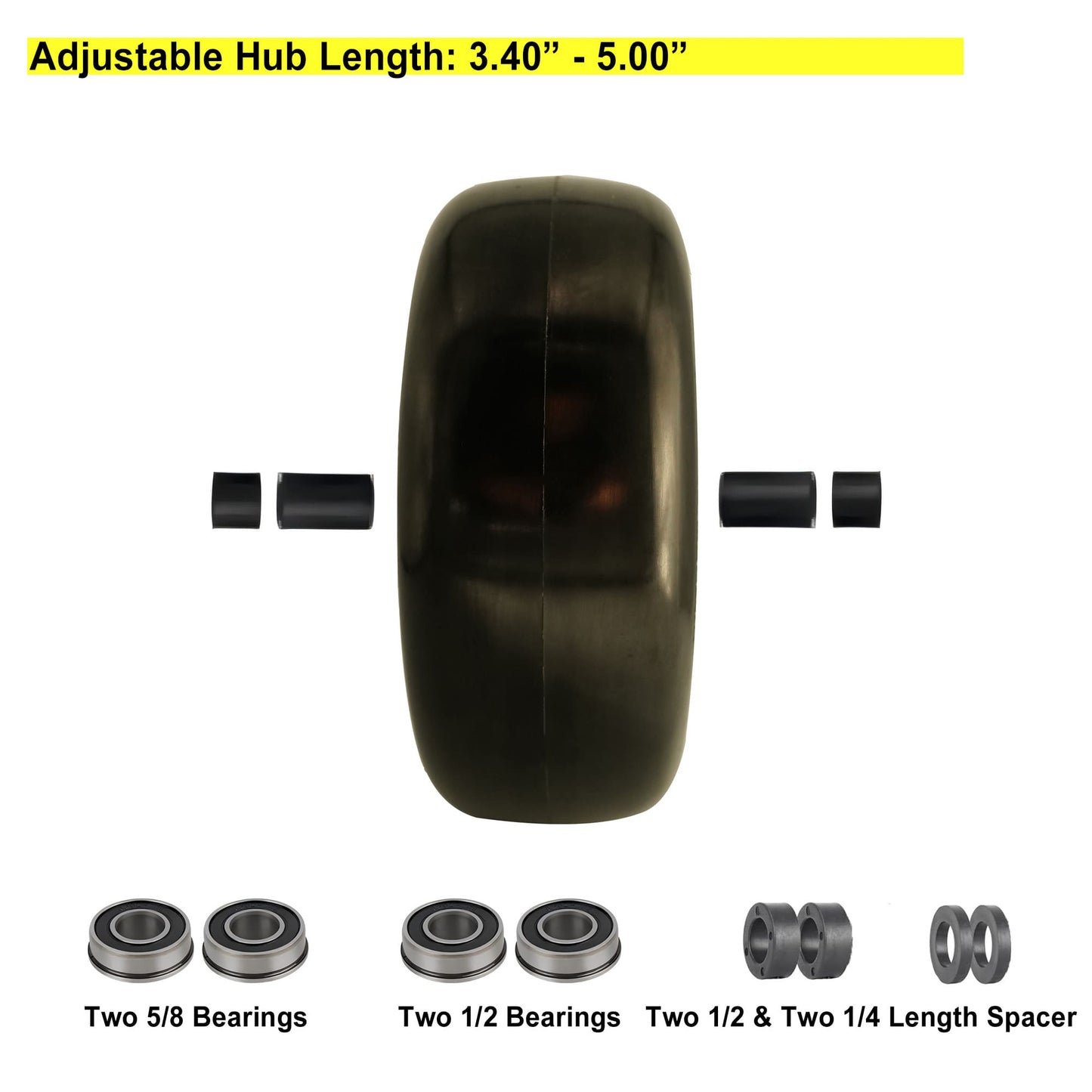 11x4.00-5 Tire Flat Free, 3/4” 1/2” & 5/8” Bearings, 3.5” - 5” Center Hub 11x4.00-5 Tire with Rim