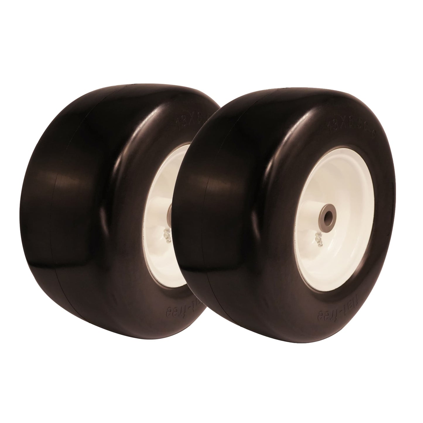 13x5 00 6 Flat Free Tire, 3/4 5/8 & 1/2 inch Bearings, 3.25” - 6” Center Hub 13x5.00-6 Tire and Rim for Lawn Mower(Set of 2)