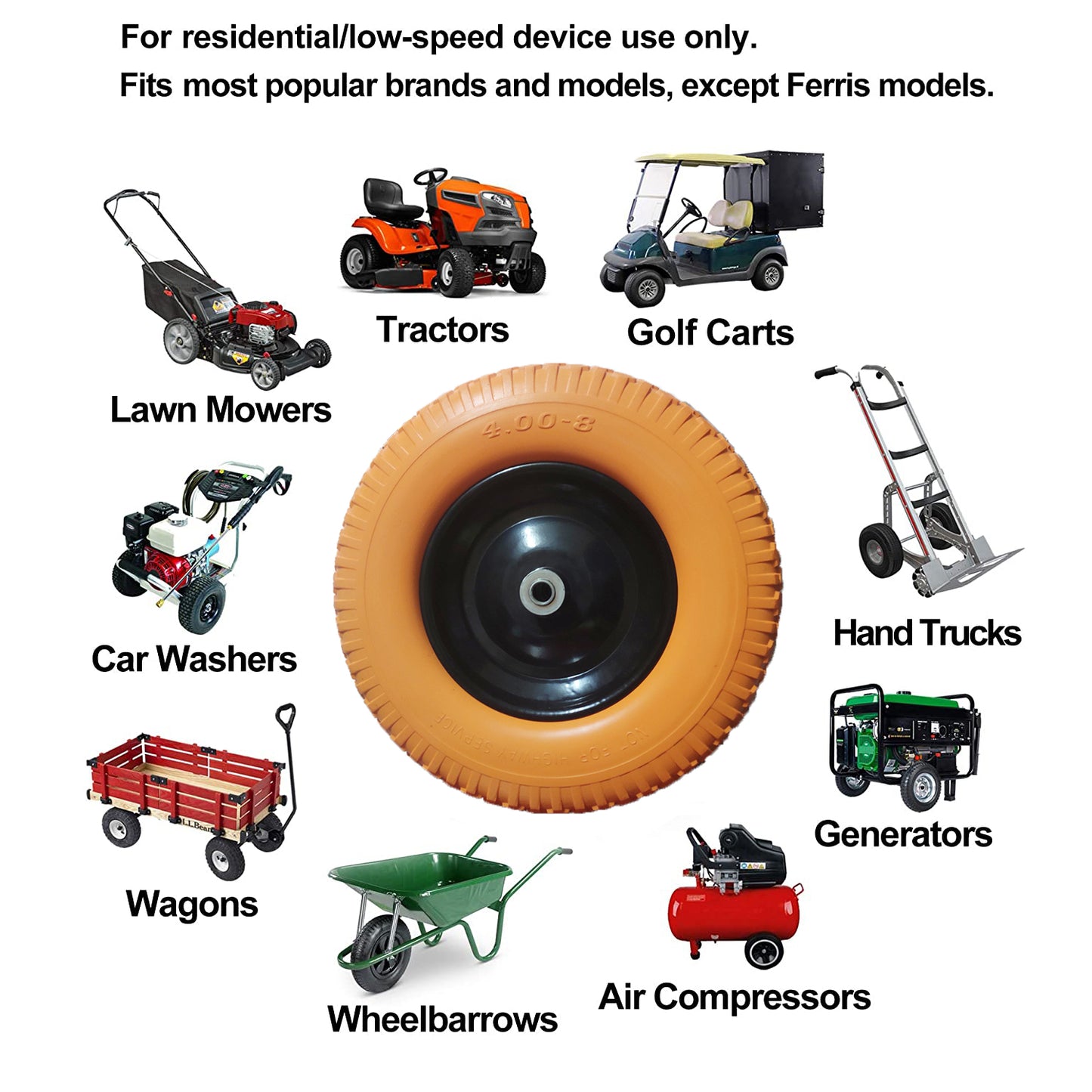 Heavy Duty Wheelbarrow Tire 16 inch, 500 lbs Weight Capacity 4.80/4.00-8, 3/4 & 5/8 Bearings, 3.5-6.0” Center Hub