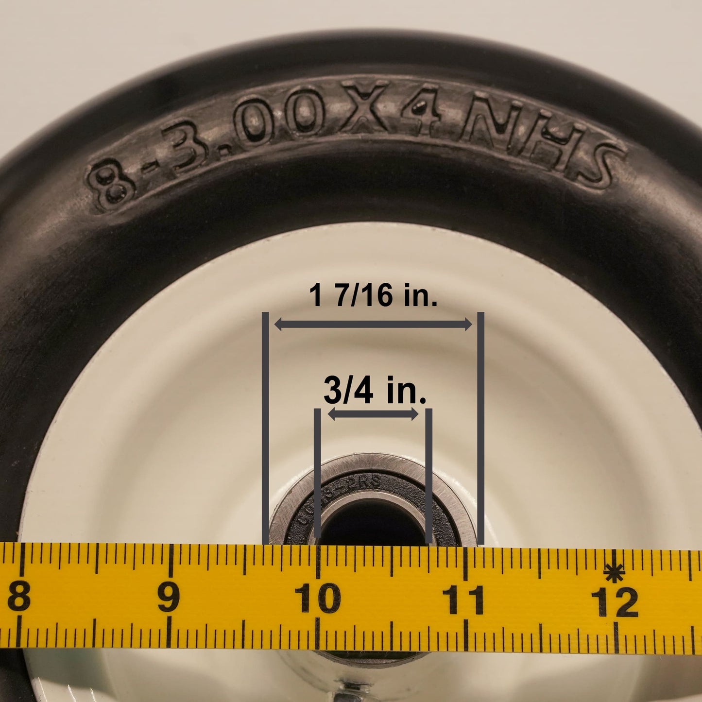 8x3 00 4 Tire, 8 inch Walk-Behind Wheel with 3/4 & 5/8 Bearings, 3.25-4.75” Center Hub (Set of 2)