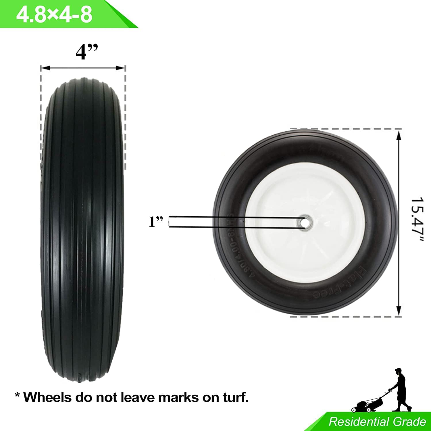 Flat Free 1 inch Axle Wheelbarrow Tire 4.80-8 Flat Free, 3" Hub - RelaxHome