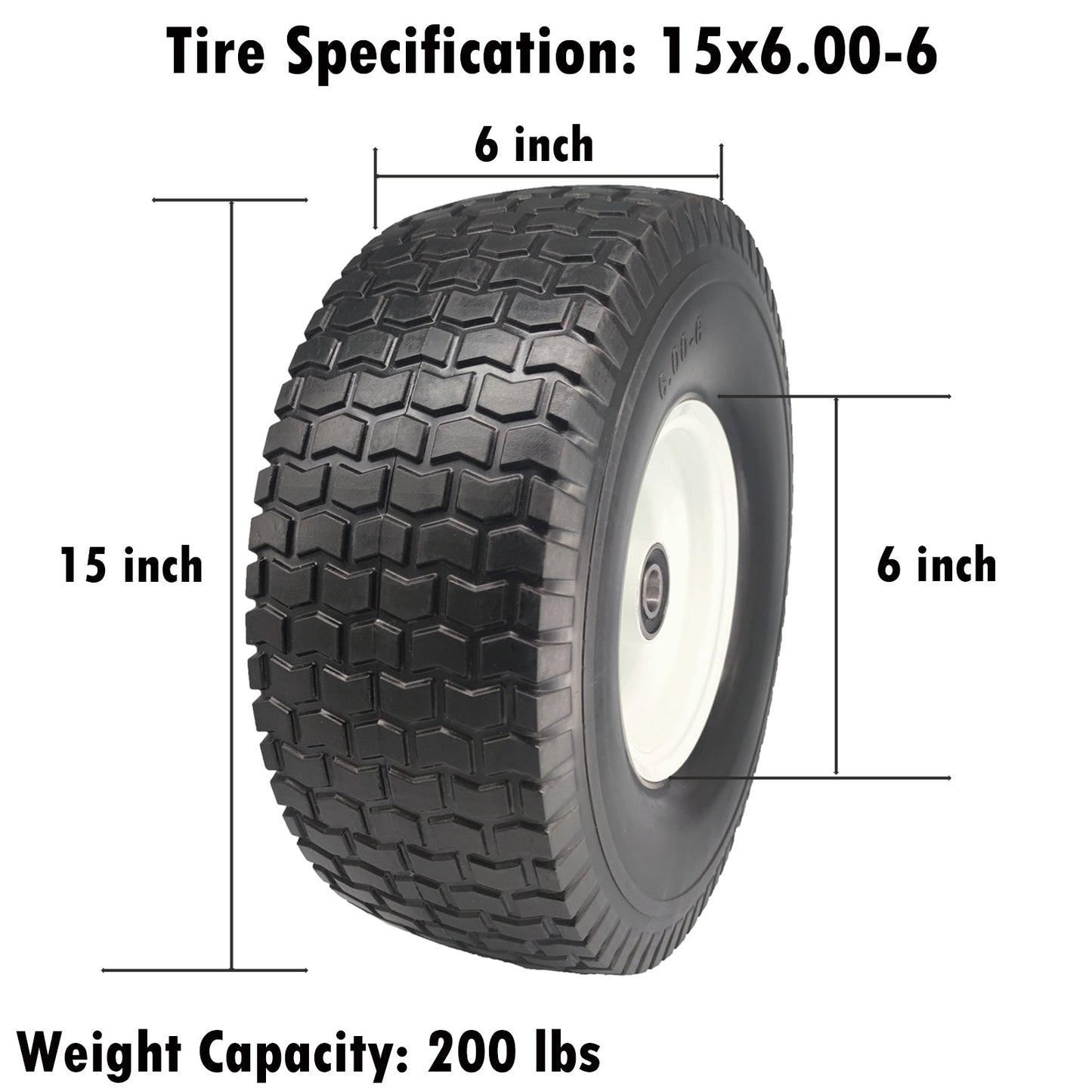 Flat Free 15x6.00-6 Lawn Mower Tire, 3/4 & 5/8 Bearing, 3” Hub - RelaxHome