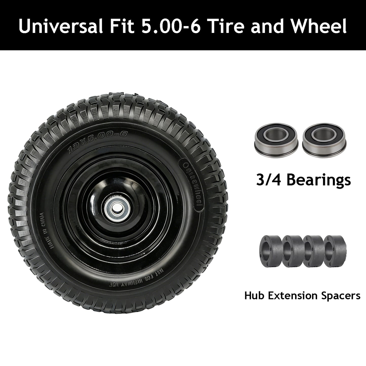 12x5.00-6 Flat Free Tire and Wheel, Solid 5/8 & 3/4" Bore 500-6 Tire on Rim for Wheelbarrow/Dolly/Garden Cart, Compatible with 13x5.00-6