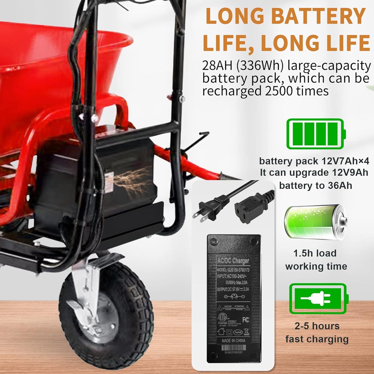 Electric Wheelbarrow, 48V28Ah 500W Capacity 500lbs (230kg)