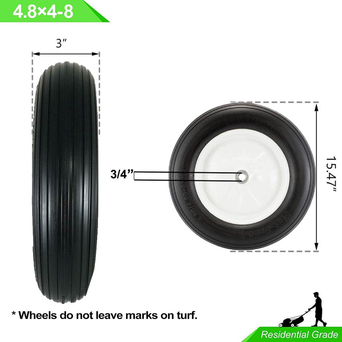4.80/4.00 x 8 Wheelbarrow Tire, 3/4 & 5/8 Bearings, 3" Hub 16 inch Flat Free Tire and Wheel