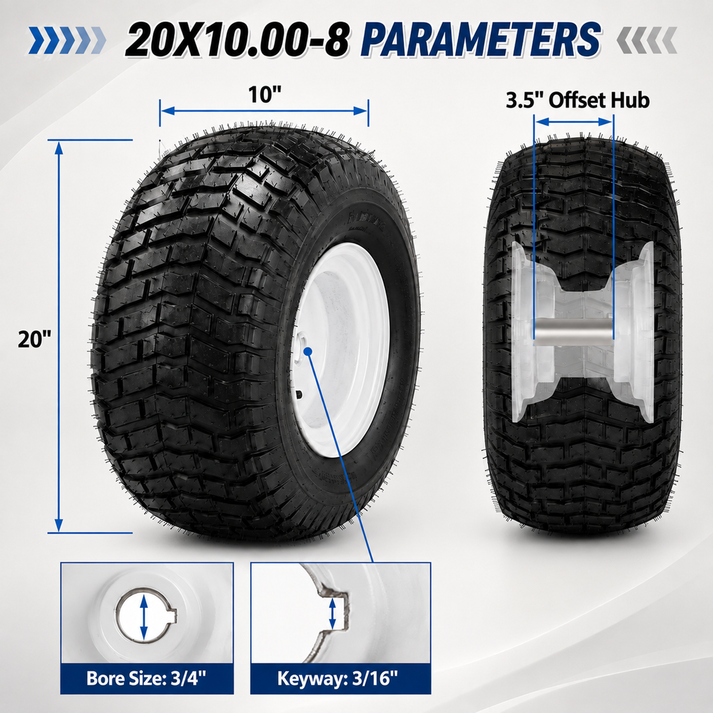 20x10.00-8 Lawn Mower Tire and Wheel, 3/4" Borehole, 3.5" Offset Hub, 3/16" Keyway, 4 Ply, Set of 2
