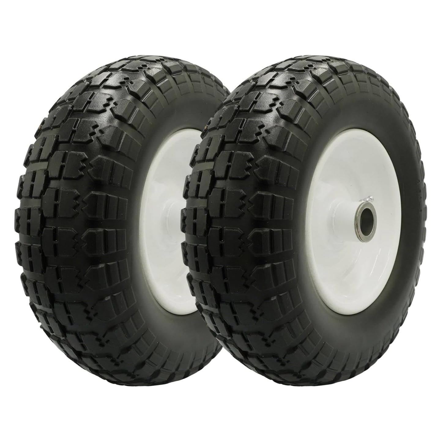 4.10/3.50-6 Flat Free Tire with 1inch and 3/4 Bearings, 3" Center Hub, Set of 2
