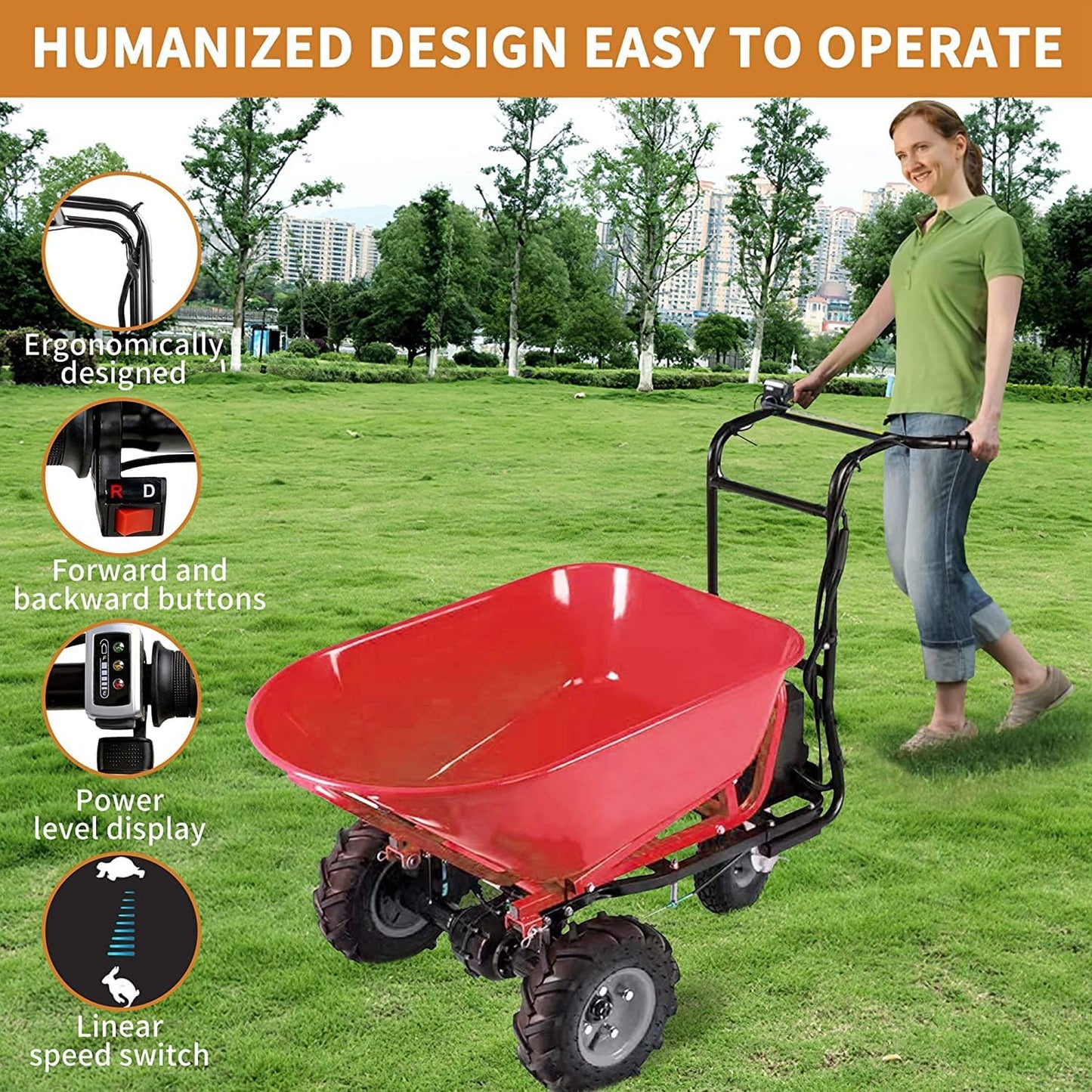 Electric Wheelbarrow, 48V28Ah 500W Capacity 500lbs (230kg)