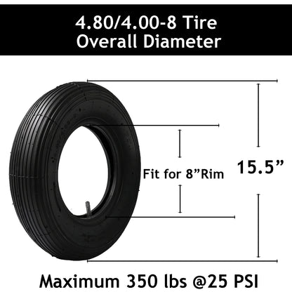 4.80/4.00-8 Tire and Tube, TR-13 Valve Stem, 550 lbs Capacity 4.80-8 Tire Fits 15.5" for Wheelbarrows/Hand Trucks/Lawn Mowers/Dollies/rolley/Garden Carts, 2PR