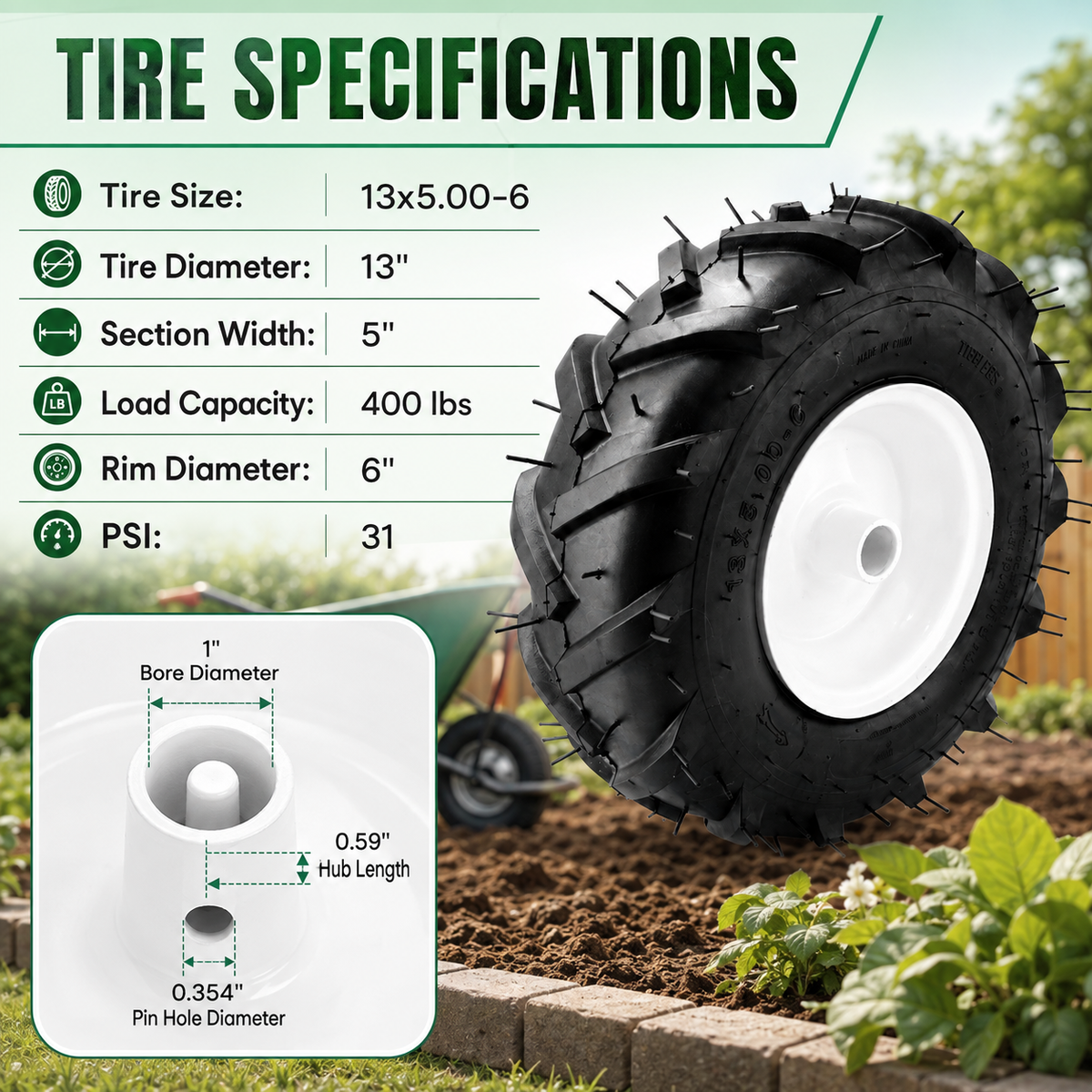 13x5.00-6 Tiller Tire & Wheel 3/4" Axle, 2PK for Craftsman Troy-Bilt