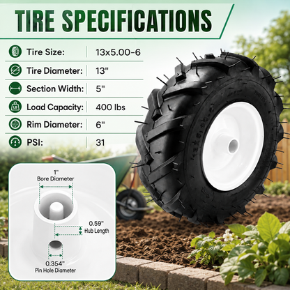 13x5.00-6 Tiller Tire & Wheel 3/4" Axle, 2PK for Craftsman Troy-Bilt