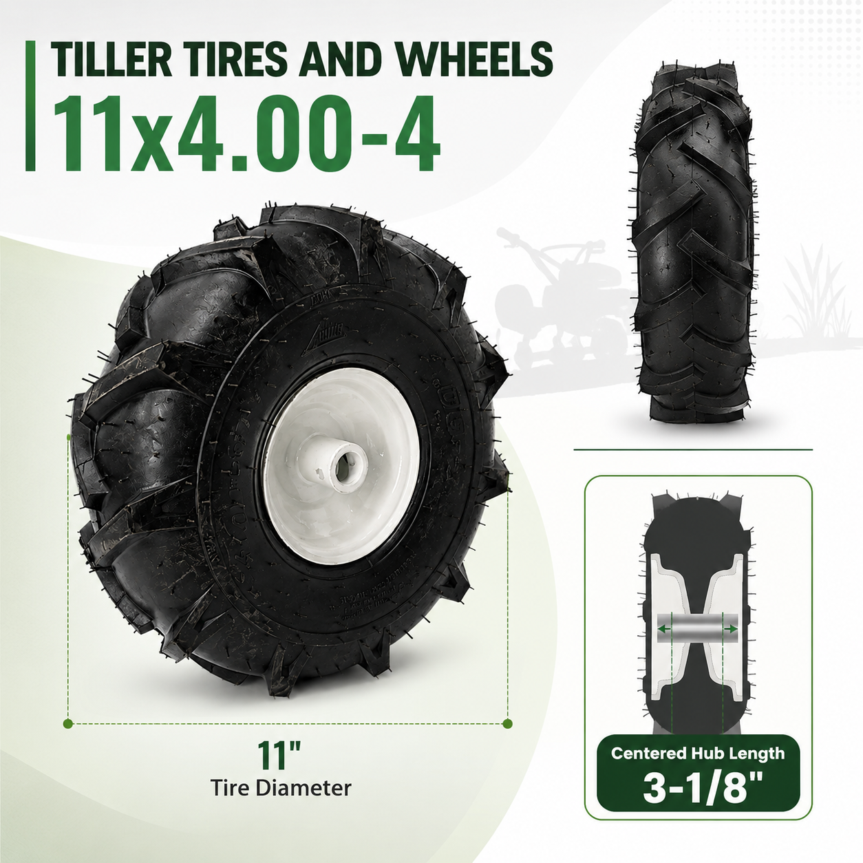 Tiller Tire 4.00-4 on Wheel 3/4 Bore, 3-1/8" Centered Hub, Tubeless, 4-Ply