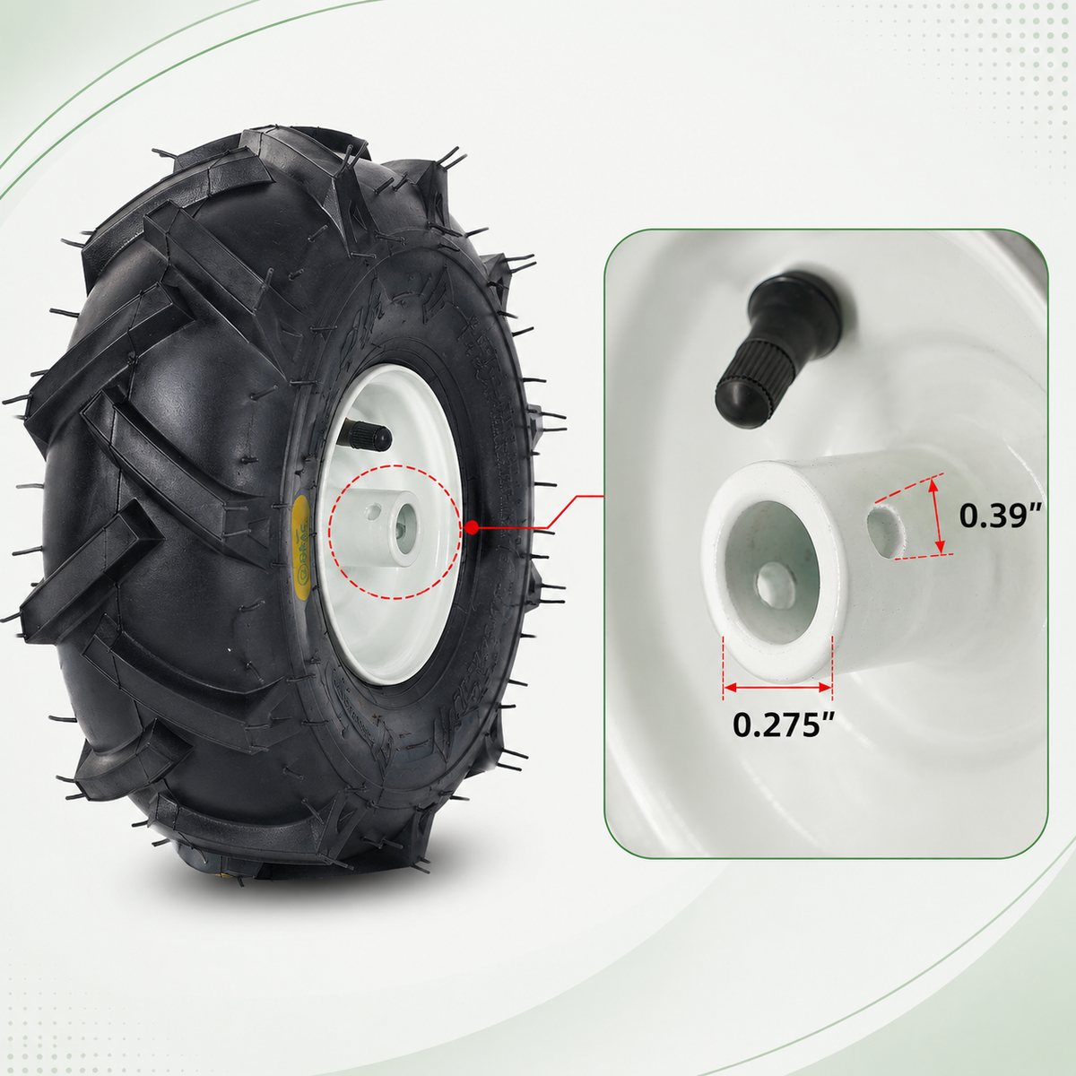 Tiller Tire 4.00-4 on Wheel 3/4 Bore, 3-1/8" Centered Hub, Tubeless, 4-Ply