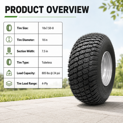 18x7.50-8 Lawn Mower Tires with Rim, 18 inch Tire & Wheel, Tubeless, 4PR | Set of 2, Replacement for Toro TimeCutter & more Models