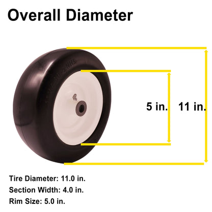 11x4.00-5 Lawn Mower Tire Flat Free, 3/4” 1/2” & 5/8” Bearings, 3.5” - 5” Center Hub for Zero Turn Front Lawn Mower Wheel