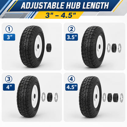 4.10/3.50-6 Flat Free Tire with 1 inch Bore and 3/4 Bearings, 3" Center Hub, Set of 2