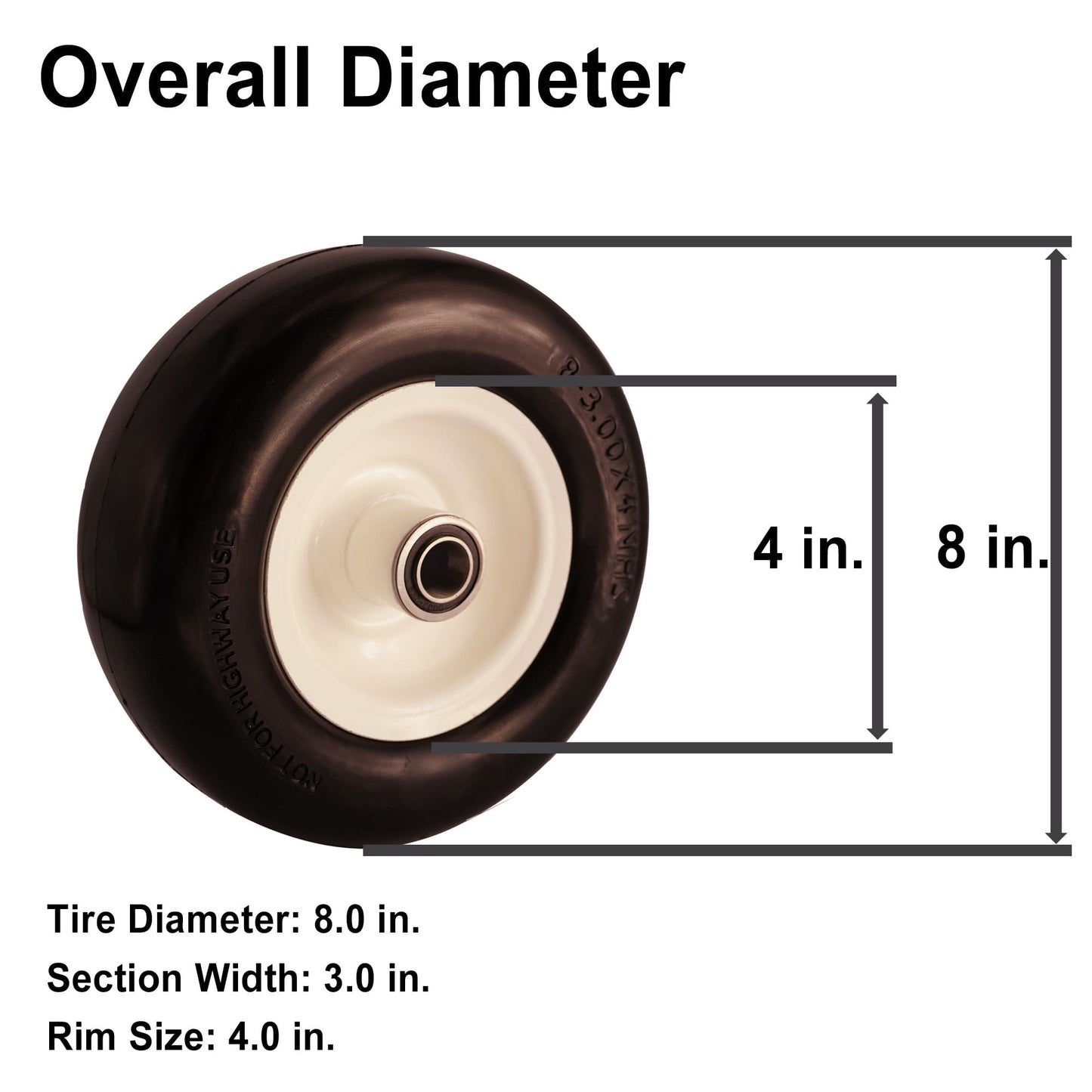 8x3.00-4 Flat Free Tire with 3/4 & 5/8 Bearings, 3.25-4.75” Center Hub for Zero Turn Walk-Behind Wheel