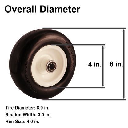 8x3.00-4 Flat Free Tire with 3/4 & 5/8 Bearings, 3.25-4.75” Center Hub for Zero Turn Walk-Behind Wheel