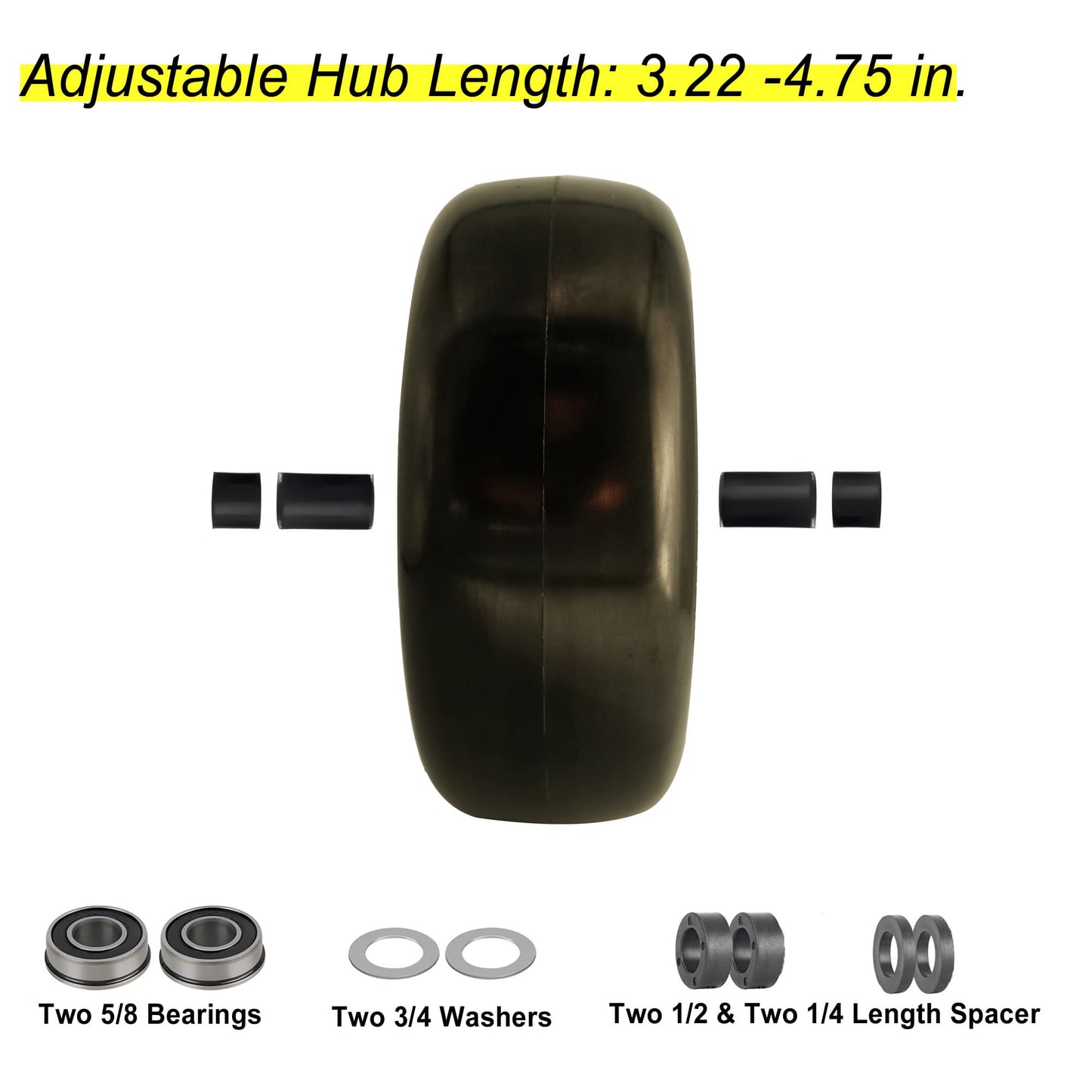 8x3.00-4 Flat Free Tire with 3/4 & 5/8 Bearings, 3.25-4.75” Center Hub for Zero Turn Walk-Behind Wheel