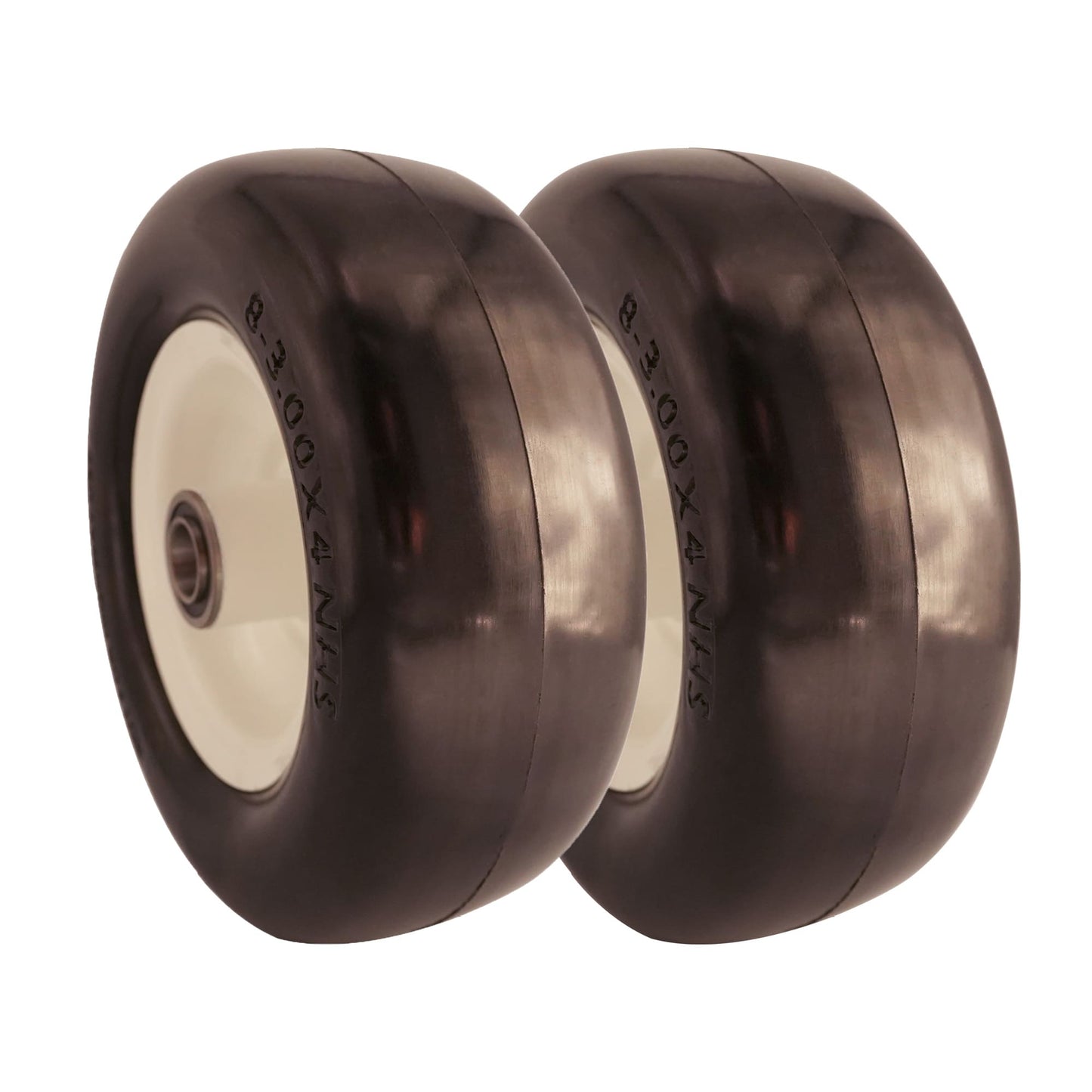 8x3.00-4 Flat Free Tire with 3/4 & 5/8 Bearings, 3.25-4.75” Center Hub for Zero Turn Walk-Behind Wheel