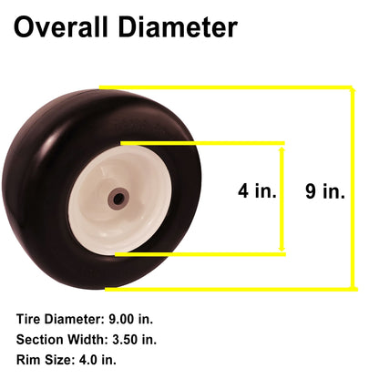 9x3.50-4 Flat Free Tire 1/2 & 5/8 Bearings, 3.5”- 5” Center Hub for Zero Turn Walk-Behind Mower